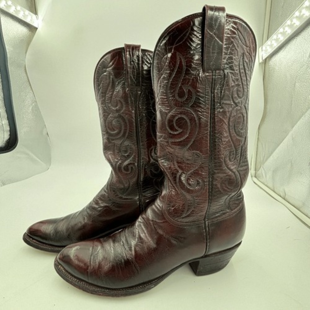 Lucchese Vintage San Antonio 80s Goat Leather Black Cherry Cowboy Boots Size 9B